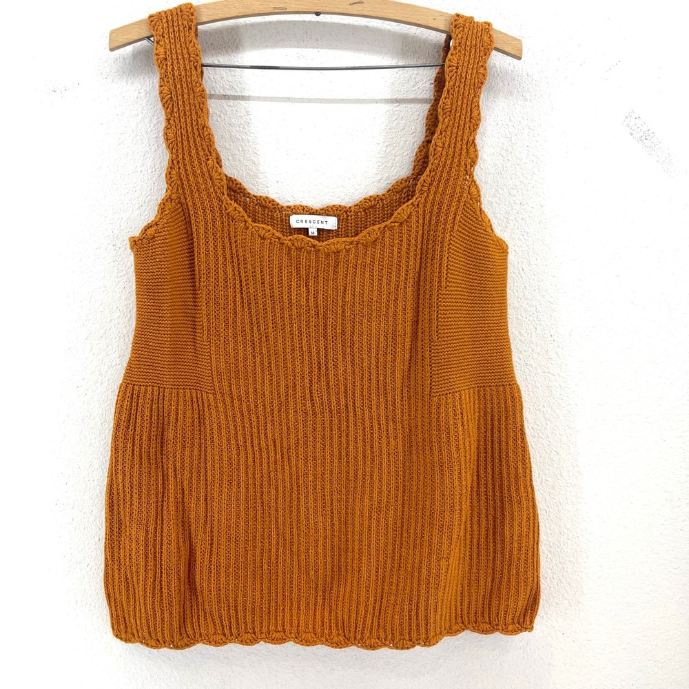 Crescent Knit Tank Top Womens M Mustard Yellow Scalloped Coastal Boho Scandi